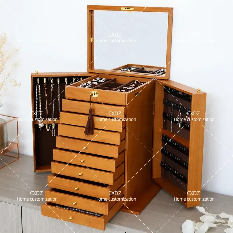 Multifunctional Wooden Jewelry Box Large Capacity with Lock Retro Style Storage Cabinet Organizer for Rings Necklaces