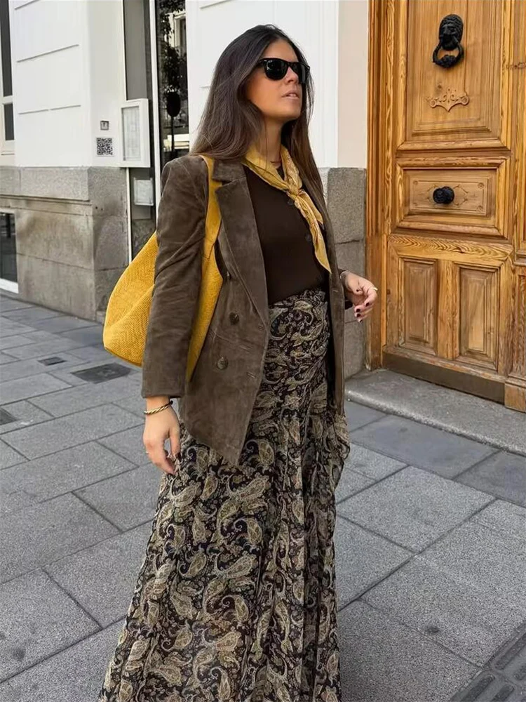 エレガントなプリント柄のレースアッププリーツロングスカート、女性用ルーズハイウエストAラインミディスカート、2025年秋レディースパーティーイブニングウェア