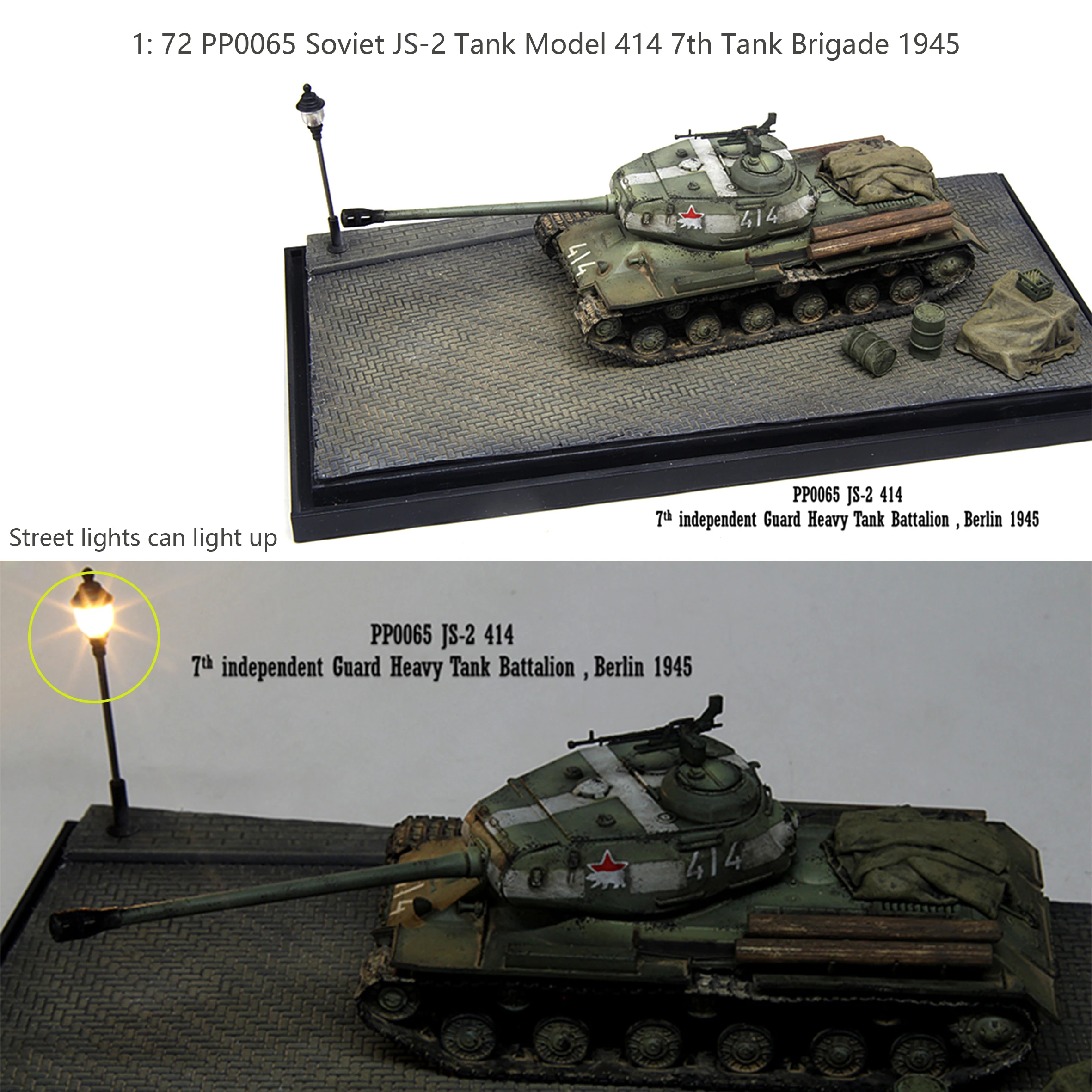 

1: 72 PP0065 Soviet JS-2 Tank Model 414 7th Tank Brigade 1945 The base street light can light up Finished product model