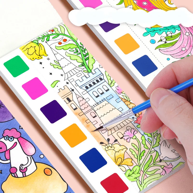 12pages Children's Watercolor Coloring Book,Drawing Toys For Thanksgiving, Easter, Christmas Gifts, With Built-in Watercolor Pen