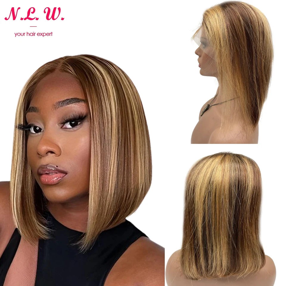 N.L.W-Peluca de cabello humano liso de 13x4 para mujer, postizo de encaje frontal, corte Bob corto, 12 pulgadas, 180% de densidad, color P4/27