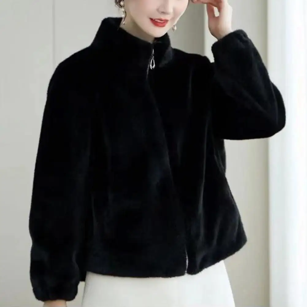 Women Jacket Autumn Winter Velvet Jacket Women’s Winter Coat with Thick Faux Fur Collar Short Zip-up Cardigan for School