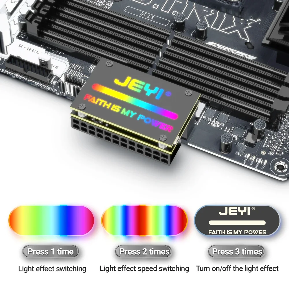 JEYI ATX 24Pin 90° RGB Adapter, 18 Light Modes Female to 24Pin Male 90 Degree Motherboard Power Adapter for Desktops PC Supply