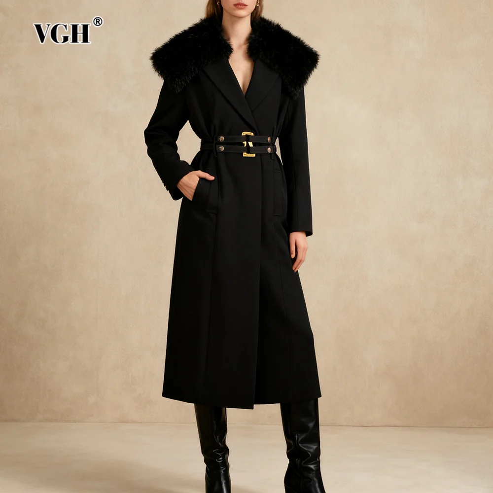 

VGH черная роскошная куртка со сращенными поясами для женщин, лоскутная меховая куртка с лацканами и длинными рукавами, винтажная ветровка, женская осенняя новая стильная куртка