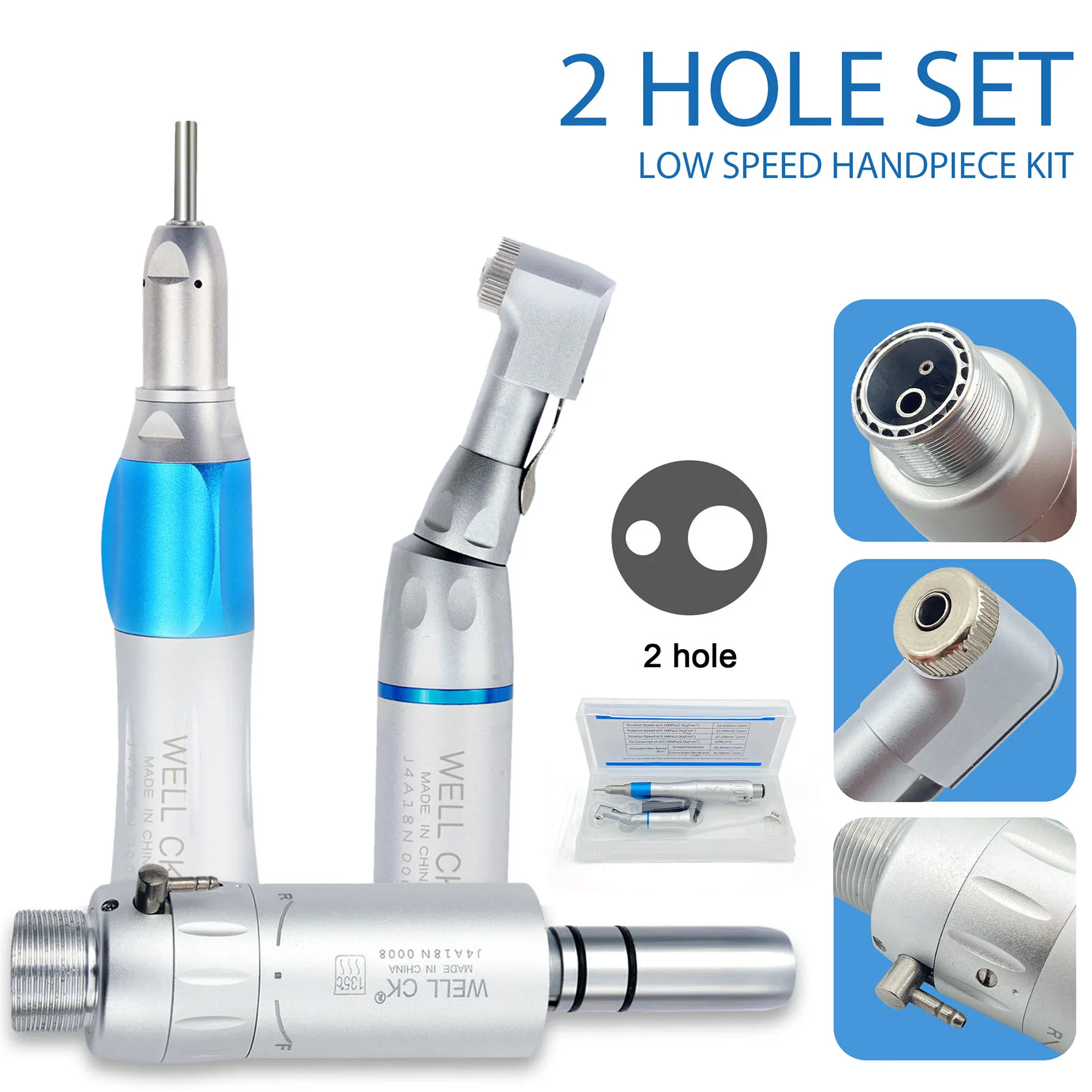 Kits de Piezas de Mano Dentales de Baja Velocidad: Motor Neumático, Contra-ángulo, Pieza de Mano Recta, Sets de Contra-ángulos con Botón, Herramienta de Equipo para Dentistas, 2 Hol