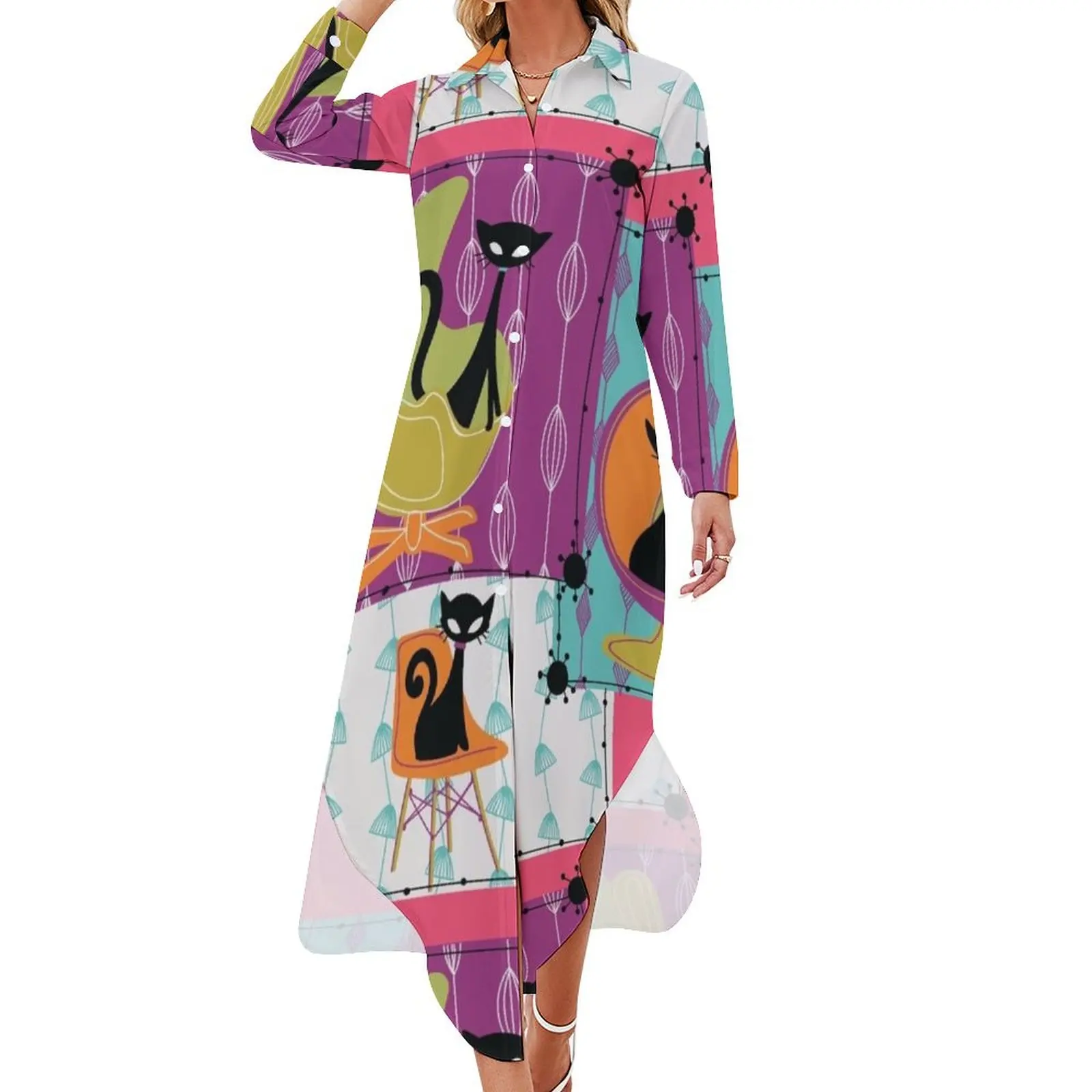 

60's RETRO MID-CENTURY MODERN CATS Long Sleeved Shirt Dress sexy dress summer dress daily women summer