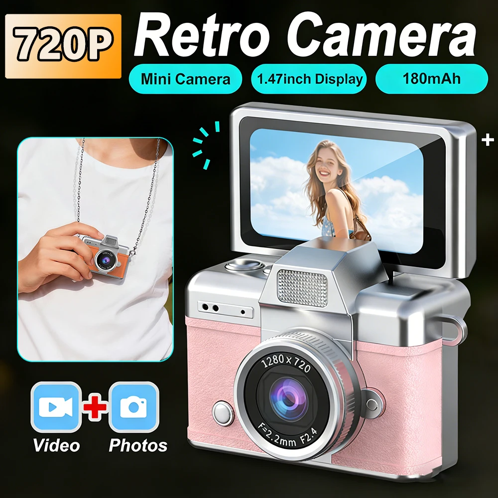 Mini Câmera Retro para Estudantes, Câmera Digital CCD com Chaveiro e Lente de 180 Graus °   Câmera de Bolso Portátil com Tela Flip para Viagem, Presente para Crianças