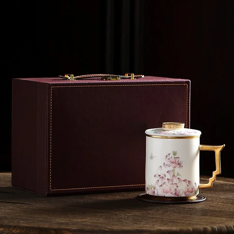 Bauhinia, com tampa, filtro, pintura dourada, copo de água, cerâmica, vegetariano, caneca