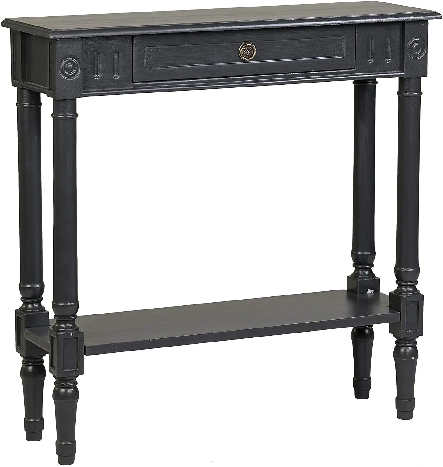 Marisol Black Narrow Console Table for Entryway with Drawer | 31.5-inch slim sofa table with lower shelf, solid wood frame, dist