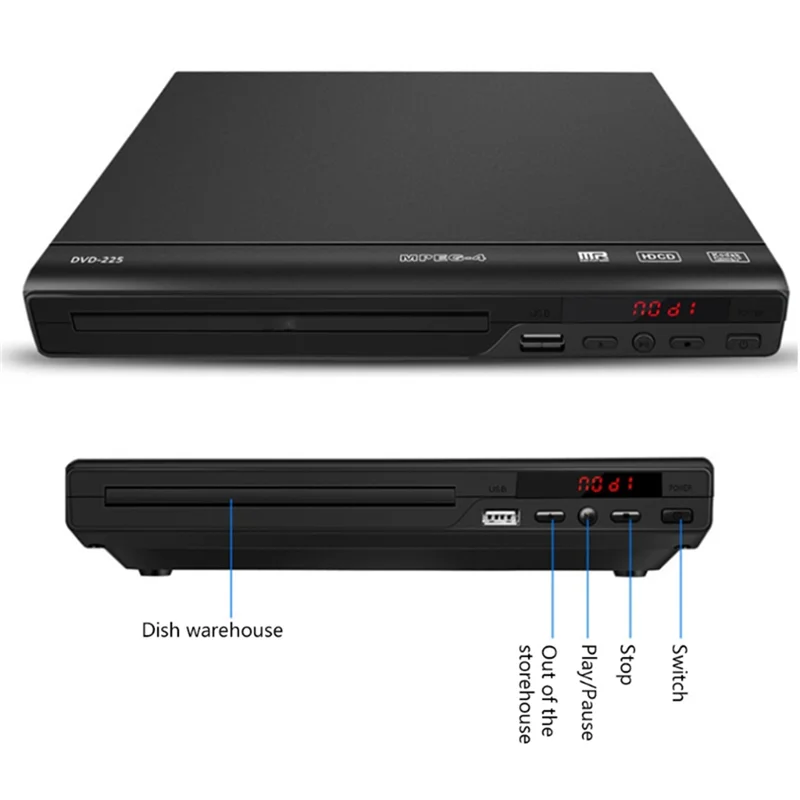 Odtwarzacz DVD FEDI-1080P do telewizora, stacjonarny, z wyjściem AV, USB, najwyższej jakości odtwarzacz dysków, wytrzymały, 2200W, wtyczka EU.