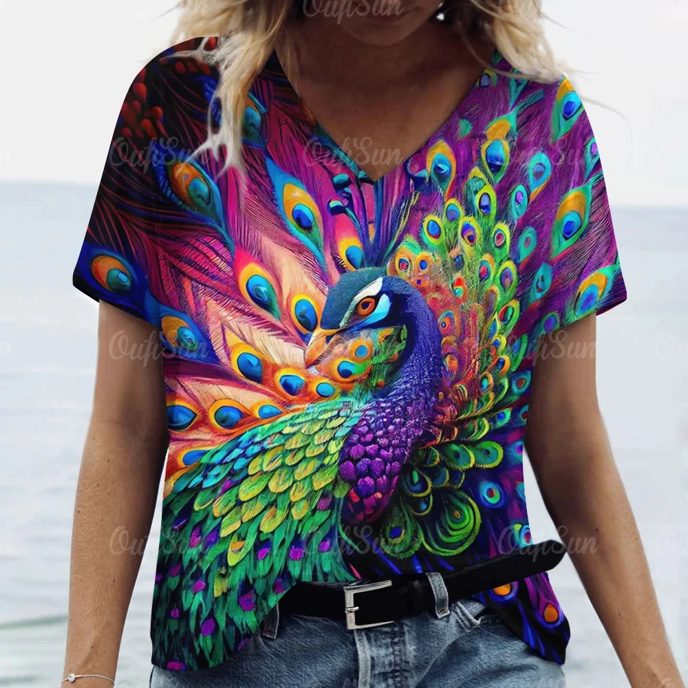 

3D Feather Print Women's T-shirt Summer Fashion Aesthetic Short Sleeve Shirt Everyday Casual Plus Size Women's Top T-shirt