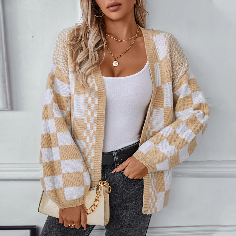 Cardigan lavorato a maglia scozzese da donna Colore a contrasto Casual Manica a lanterna allentata Maglione autunno inverno stile europeo e americano