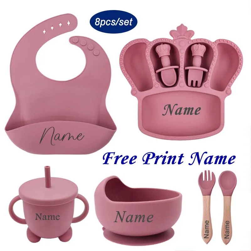 Personalized Name Baby Feeding Plate Dishes Silicone Tableware Crown Plate Spoon For Kids Newborn Gift Children's Dinner Utensil