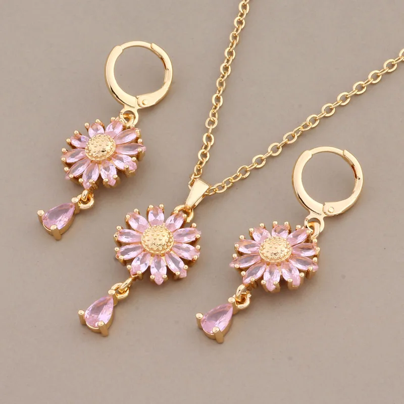 New Luxury Jewelry Sets Of Necklaces And Earrings Gold Color Flower Earrings Pink Natural Zircon Daily High Quality Jewelry Sets