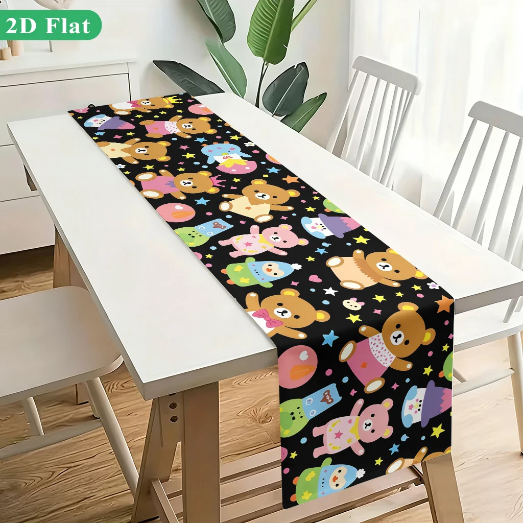 2D Flat Standing Group Teddy Bears Print Table Runner Rectangular Decorative Table Cover Indoor Outdoor for Kitchen Banquet Rest