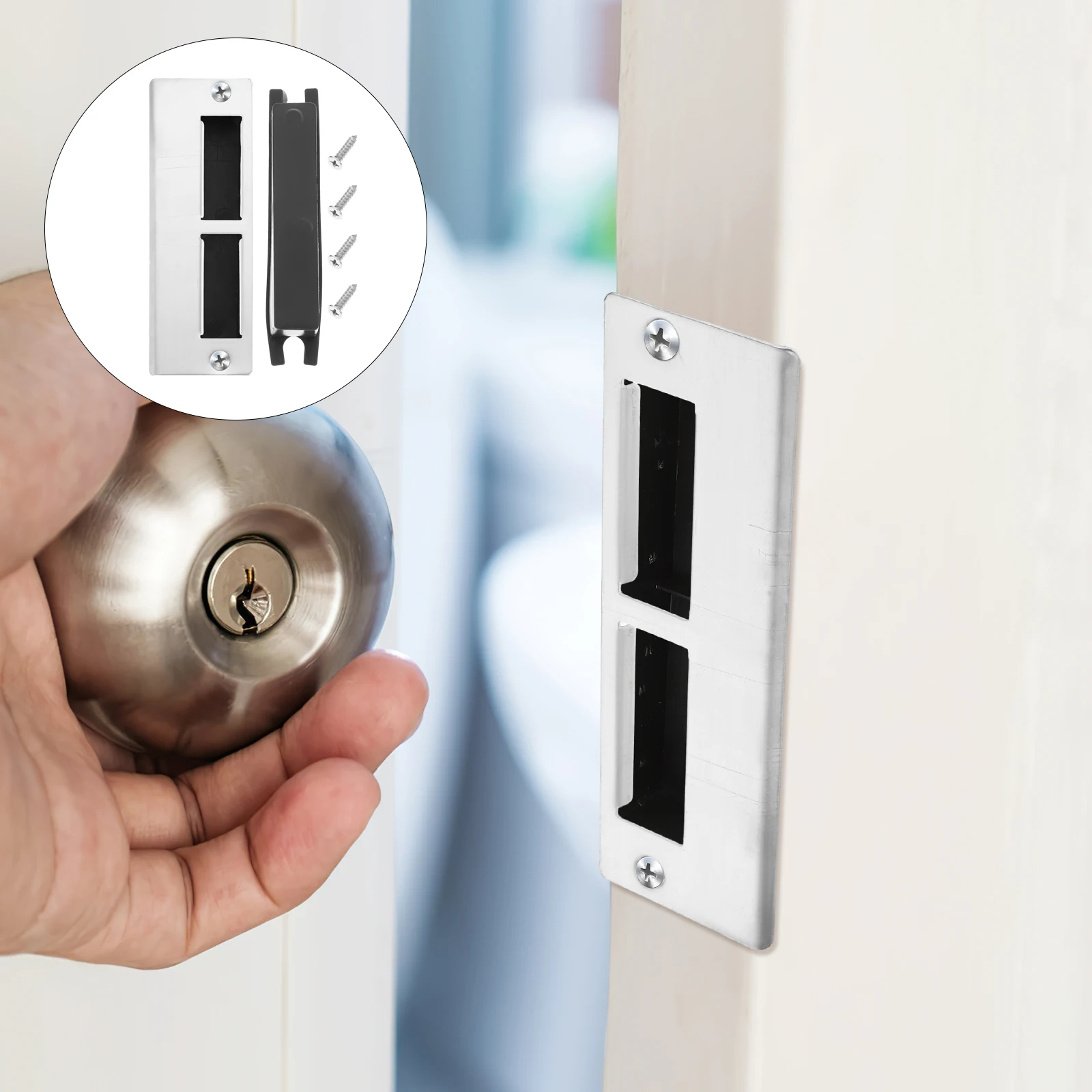 

1Set Door Hole Cover Plate Heavy Duty Door Striker Plates ABS Metal Surface Scratch Resistant Installation Hardware