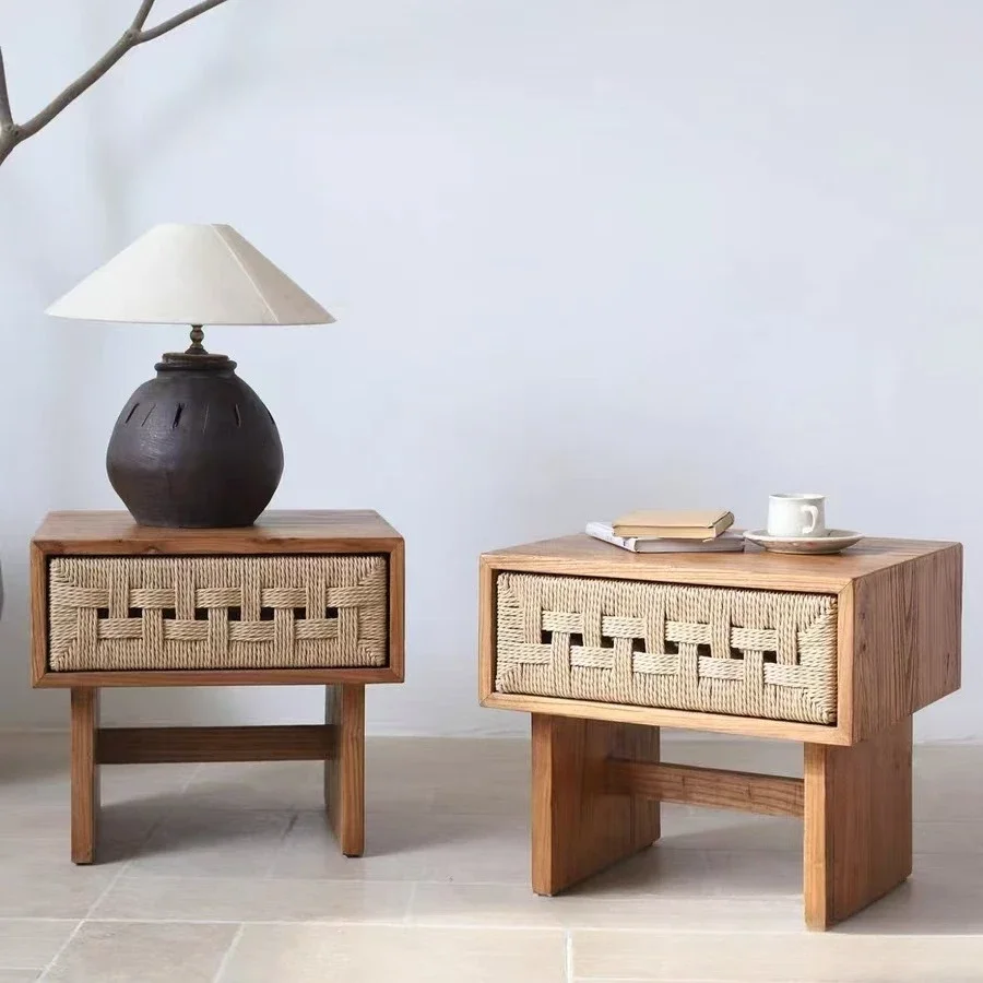 Wabi Sandy Wind Old Elm Bedside Table Homestay Retro Style Bedroom Drawer Storage Cabinet Solid Wood Storage