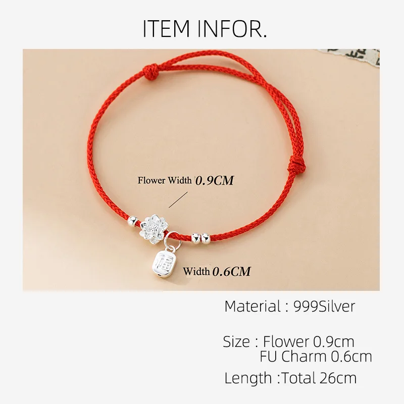 999 Sterling Silver Lotus Fu Charm Bracelet for Women Red Rope Stings Adjustable Handmade String Lucky Blessing Jewelry Gift