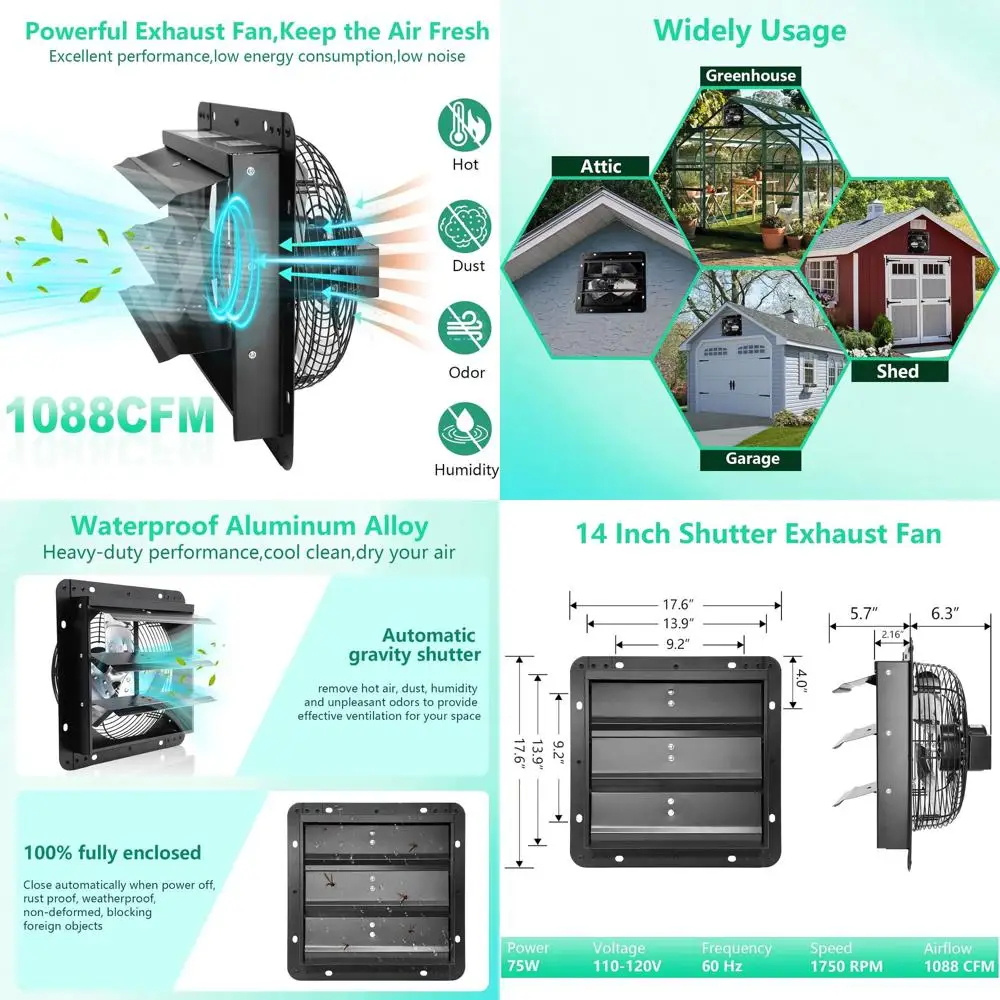 

14 настенных вытяжных вентиляторов на чердаке с переключателем ВКЛ/ВЫКЛ, 1088 куб. футов в минуту, 1750 об/мин для теплицы, гаража, сарая и курятника Ve