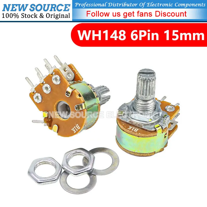 

5pcs WH148 B1K B2K B5K B10K B20K B50K B100K B500K 6Pin Shaft Amplifier Dual Stereo Potentiometer 1K 2K 5K 10K 50K 100K 500K New