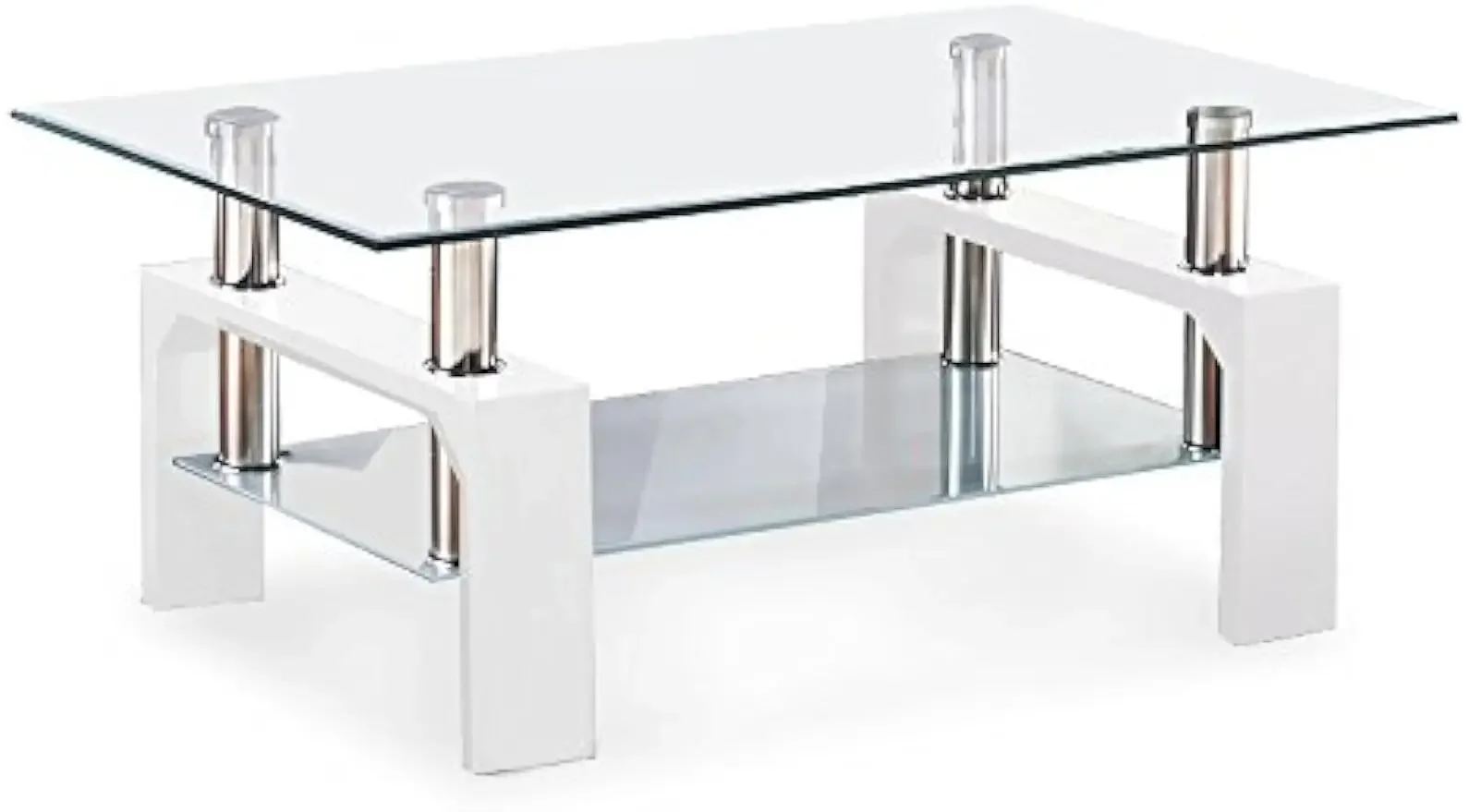 

Rectangle Glass Coffee Table-White Modern Side Coffee Table with Lower Shelf Metal Legs-Suit for Living Room