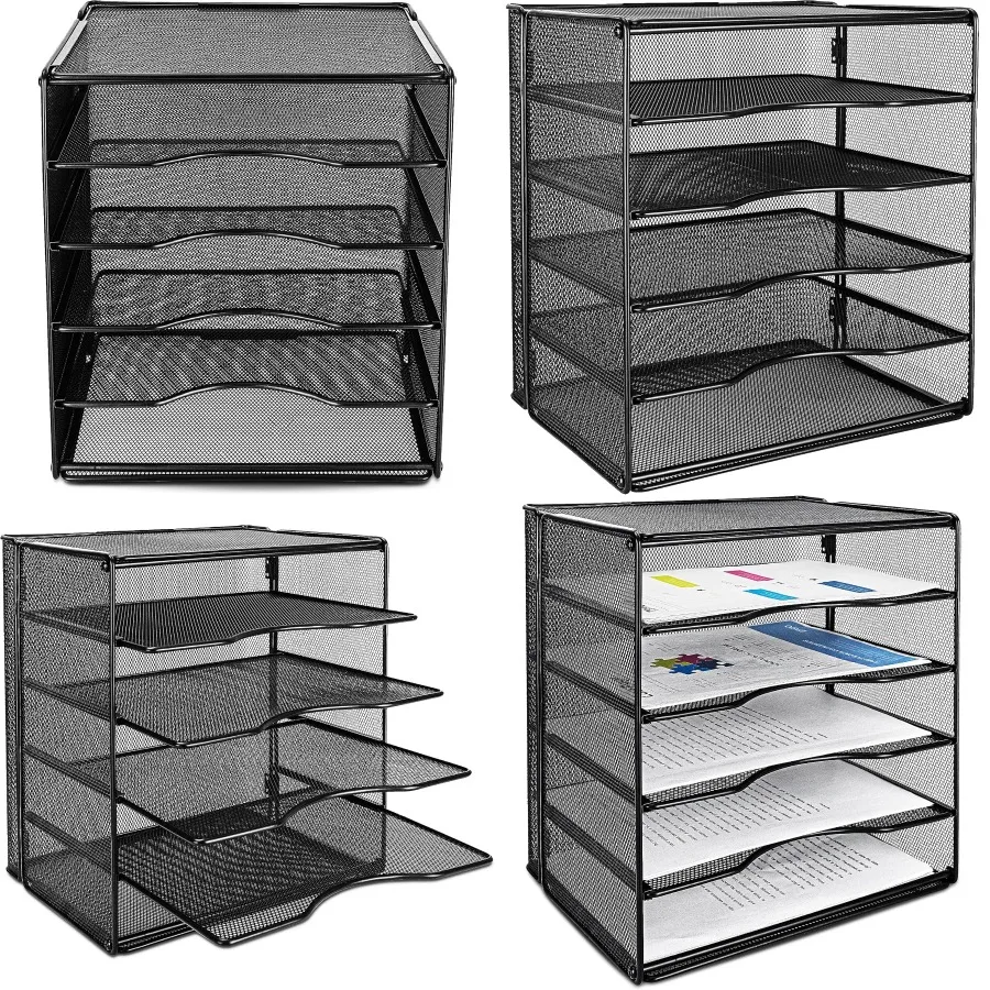 

Black Rectangular Desk Organizer Tray with 5 Slots for Office and Home Use 13.6 x 9.5 x 12.8 Inch Storage Solution to Keep Work
