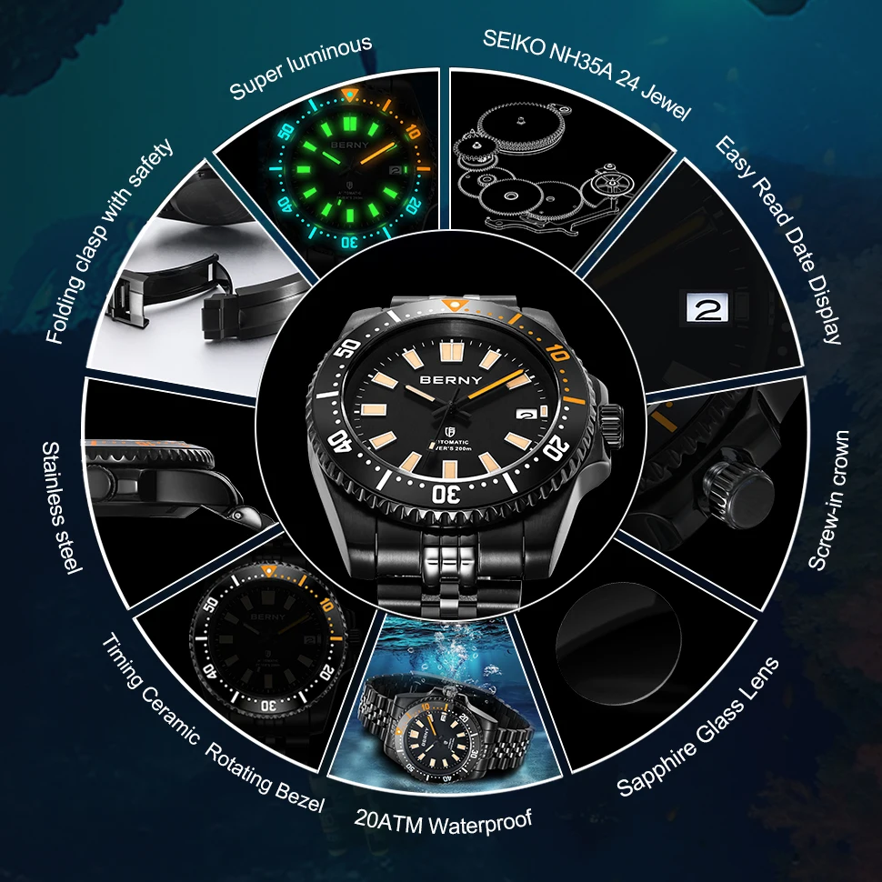 BERNY Men 20ATM Diving Automatic Self-Wind Watch BERNY NH35 Super Luminous Sapphire Sport Mechanical Automatic Men Wristwatch