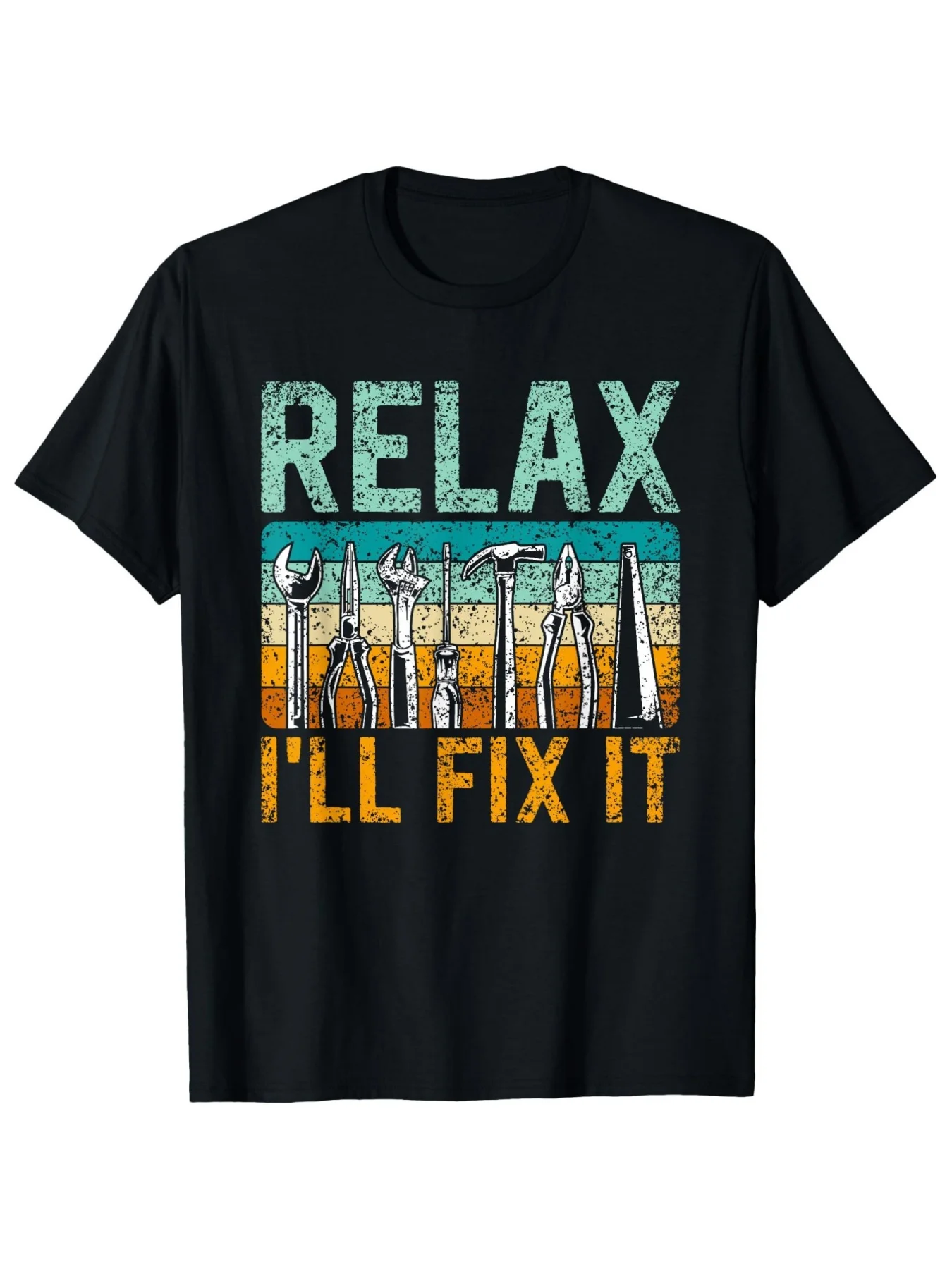 Men's Fun Handyman T-Shirt - Relax, I'Ll Fix It! Graphic T-Shirt - Black with Teal Tool Design - Heavy-Duty Repair Shirt for Projects, Construction, Casual Wear - Mr Fix It Says It - Regular F.Jpg Unisex Style 2025 Summer Short Sleeve