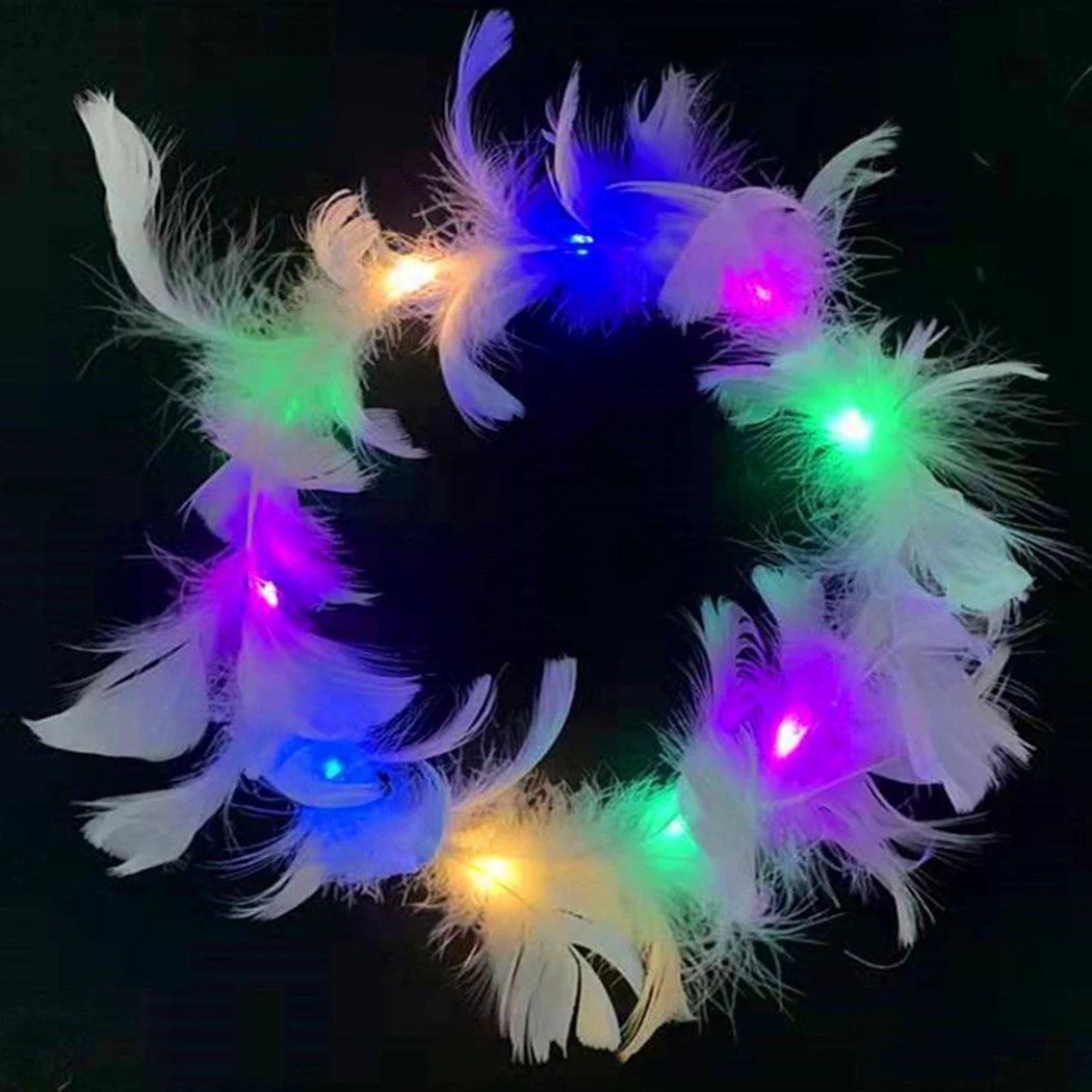 6Pcs LED Christmas Headband Light Up Feather Angel Crown Wreath Headbands Luminous Hair Accessories Headdress For Women Kids