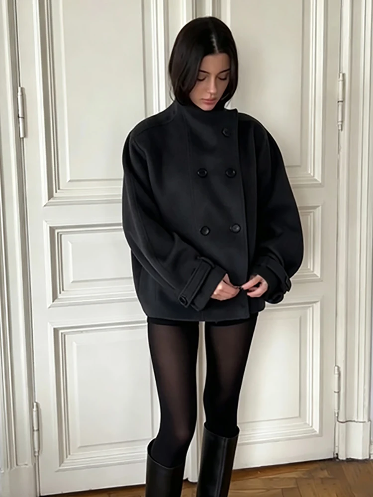 2026 Modischer Grauer Kunstwollmantel für Damen, Minimalistischer Stehkragen, Doppelreihige Lose Jacke, Frühling/Herbst, Einfarbige Damen-Oberbekleidung, Neu – Detail 13