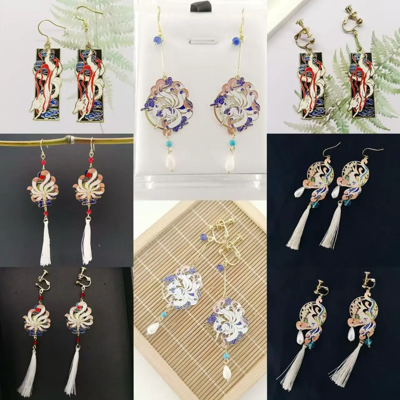 Vintage Chinese Legendary Animal Earrings for Women Mythic Nine-tailed Fox Shaped Ethnic Jewelry Painted Enamel Earclip Gifts