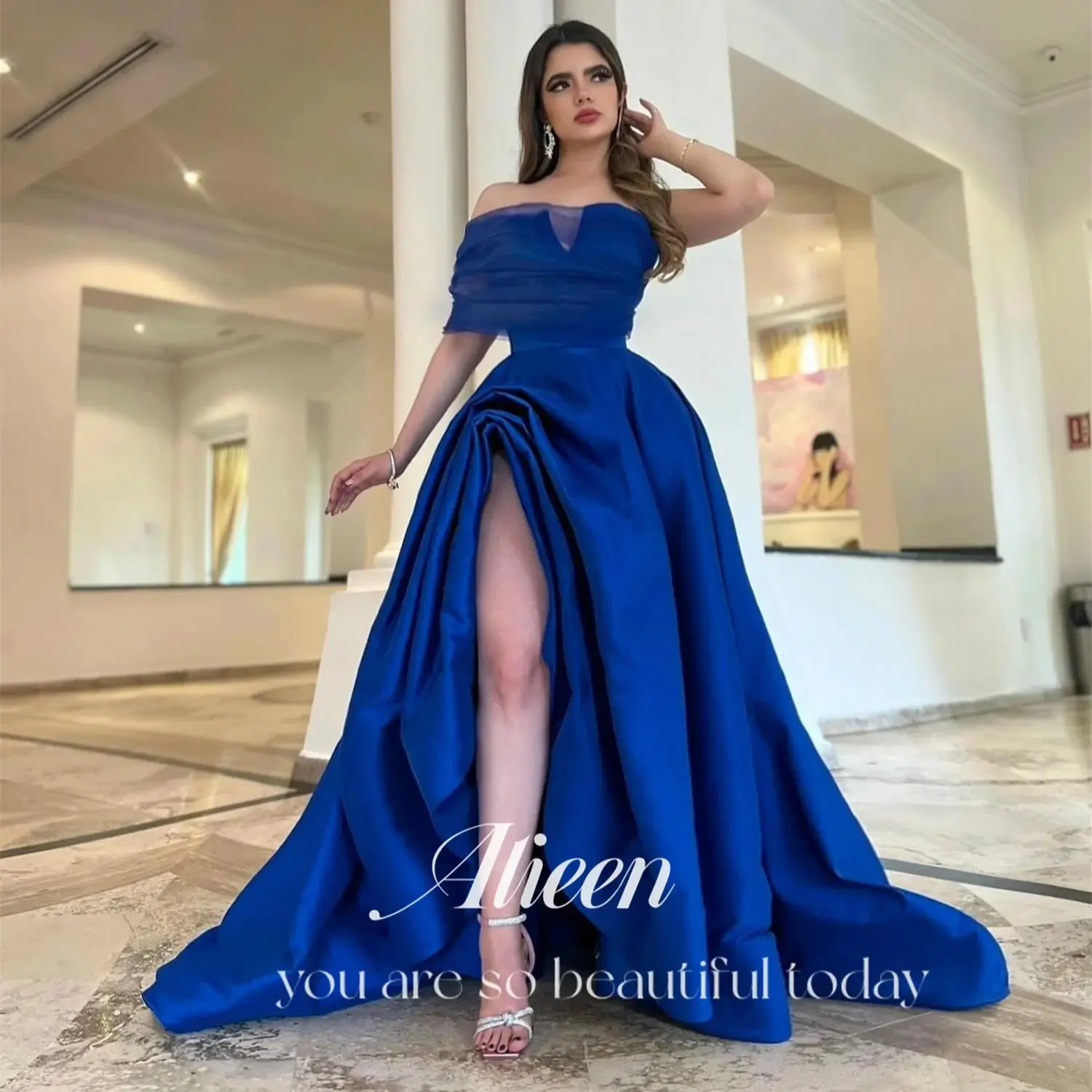 

Aileen Satin Blue Off the Shoulders Customized Wedding Party Dresses for Special Occasions Evening Elegant Woman Gala Prom Dress