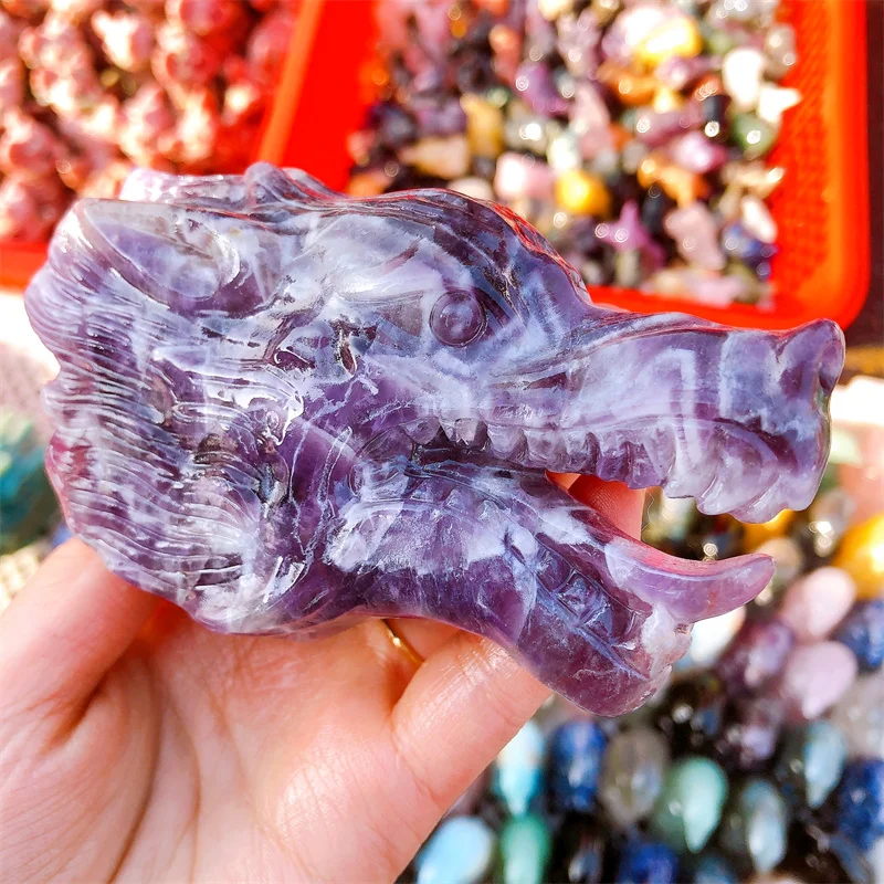 

Natural Dream Amethyst Wolf Head Crystal Animal Carved Reiki Healing Stone Figurine Home Ornaments Decor Gift 1pcs