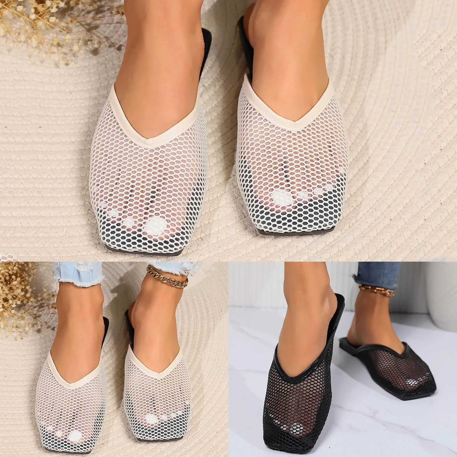 2024 Women Flats Non Slip Slippers Summer Fashion Net Cloth Overhead Sandals Hollow Out Mesh Breathable Shoes Slippers Footwear