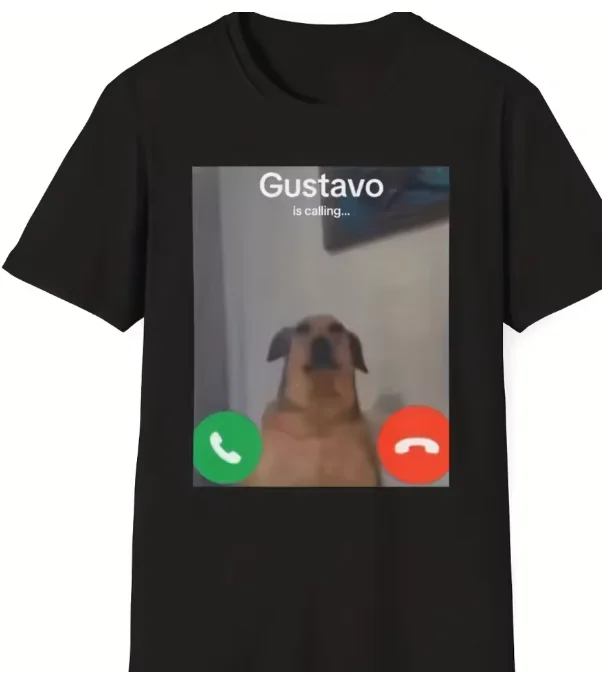 Gustavo The Dog'S Funny Phone Call Graphic T-Shirt Black Casual Short Sleeve Round Neck Tee with 