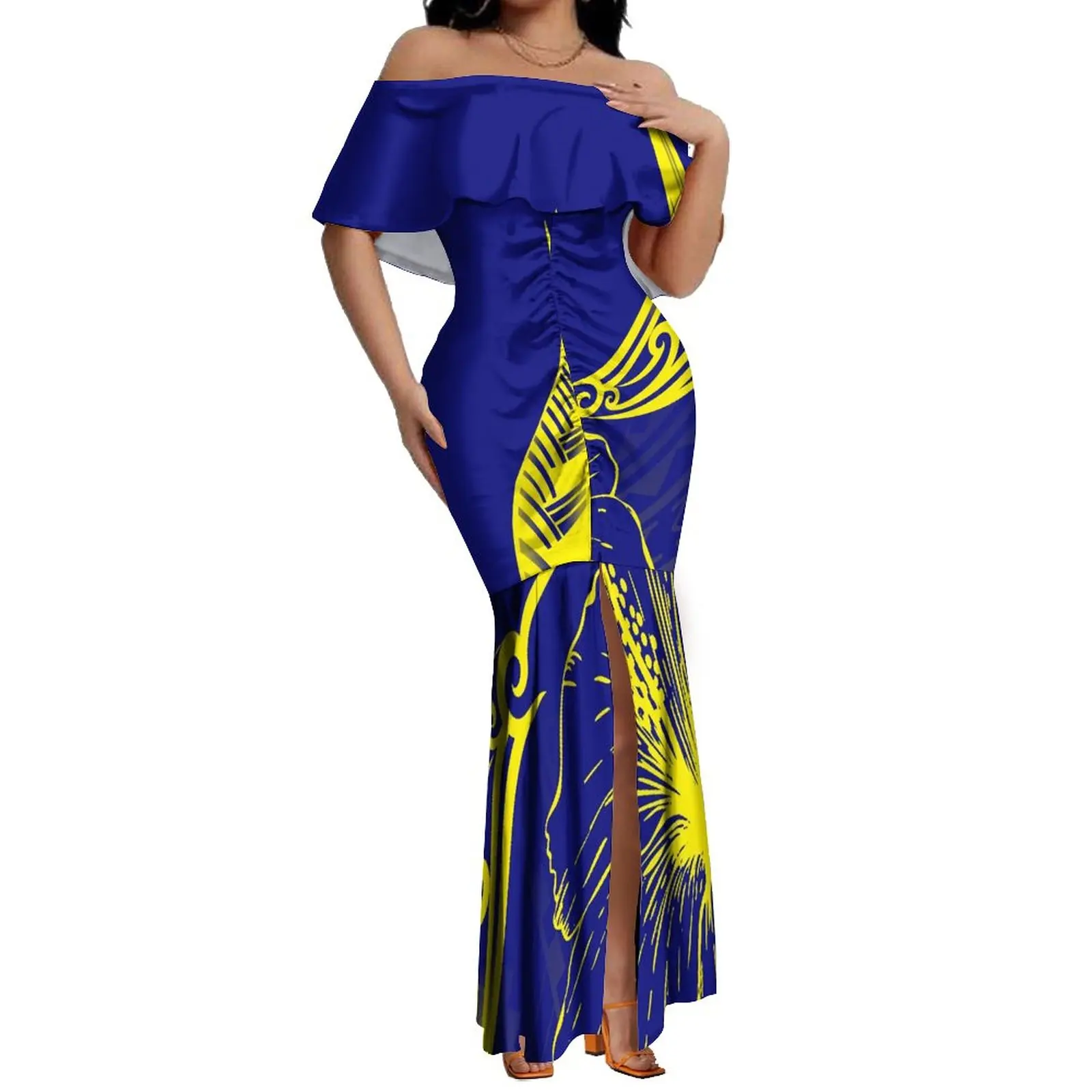 Pacific Island Art Design Custom Layered Ruffle Off Shoulder Fishtail Dresses Women Polynesian Split Pleated Dresses