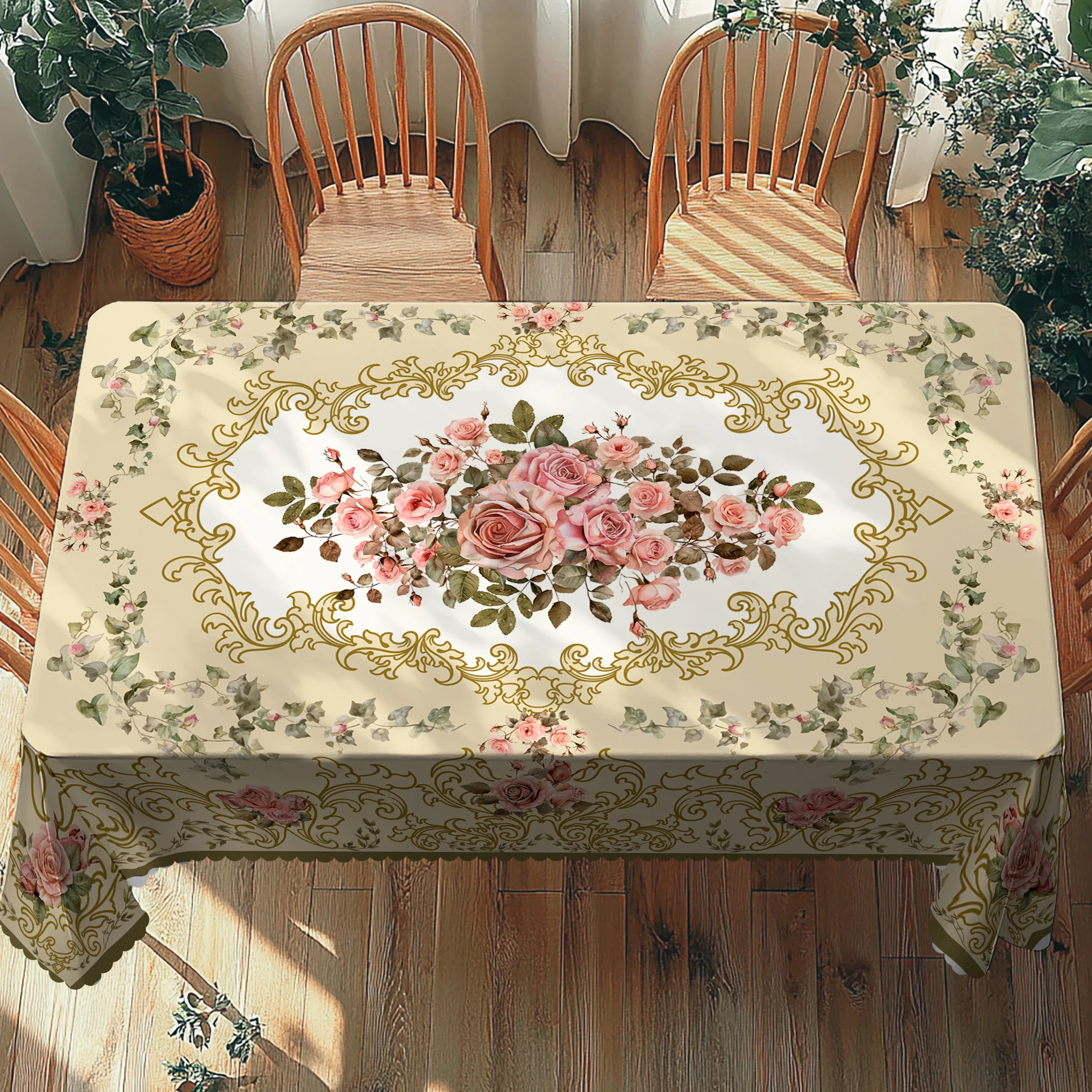 1 Piece of Elegant Vintage Pink Rose Tablecloth + 4 Pieces of Self-Adhesive, Retro Luxury Texture, Round and Rectangular 3D Printed Tablecloth, Embossed Edge, Woven Polyester Fabric, Suitable for Home Kitchen, Outdoor Garden, Holiday Party, Restaurant and Banquet Decoration, Holiday Gifts, Souvenirs-Oo-051