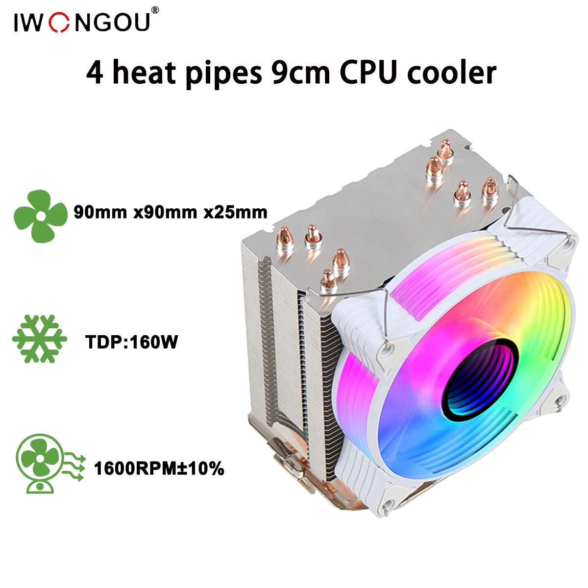 IWONGOU 4 Heat Pipes 90cm CPU Air Cooler 4 Pin PWM Quiet CPU Cooling Fan for Intel LGA 1700 2011 1200 1156 AM3 AM4 PC Radiator