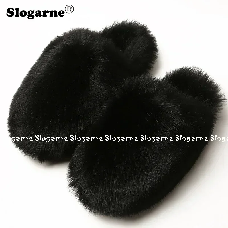 Ladies Winter Faux Raccoon Fur Slippers Women Warm Fur Slides Girls Luxury Furry Faux Fox Fur Slippers Home Outdoor Cotton Shoes