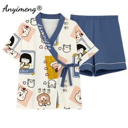 Pijamas de algodón suave para mujer, ropa de dormir con estampado de animales Kawaii, pantalones cortos, Kimono, ropa de dormir para niñas jóvenes suelta, nueva moda de verano