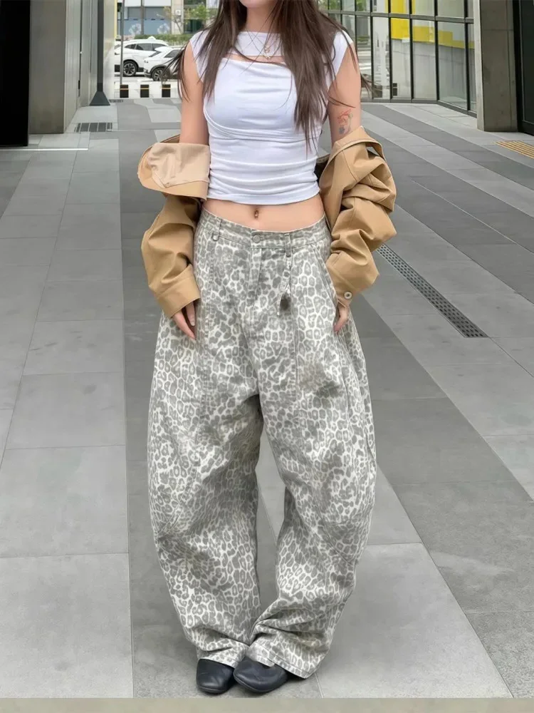 Damskie jeansy w panterkę, odzież streetwear, moda Y2k, spodnie koreańskie, pantalon femme, grube, luźne spodnie dżinsowe casual