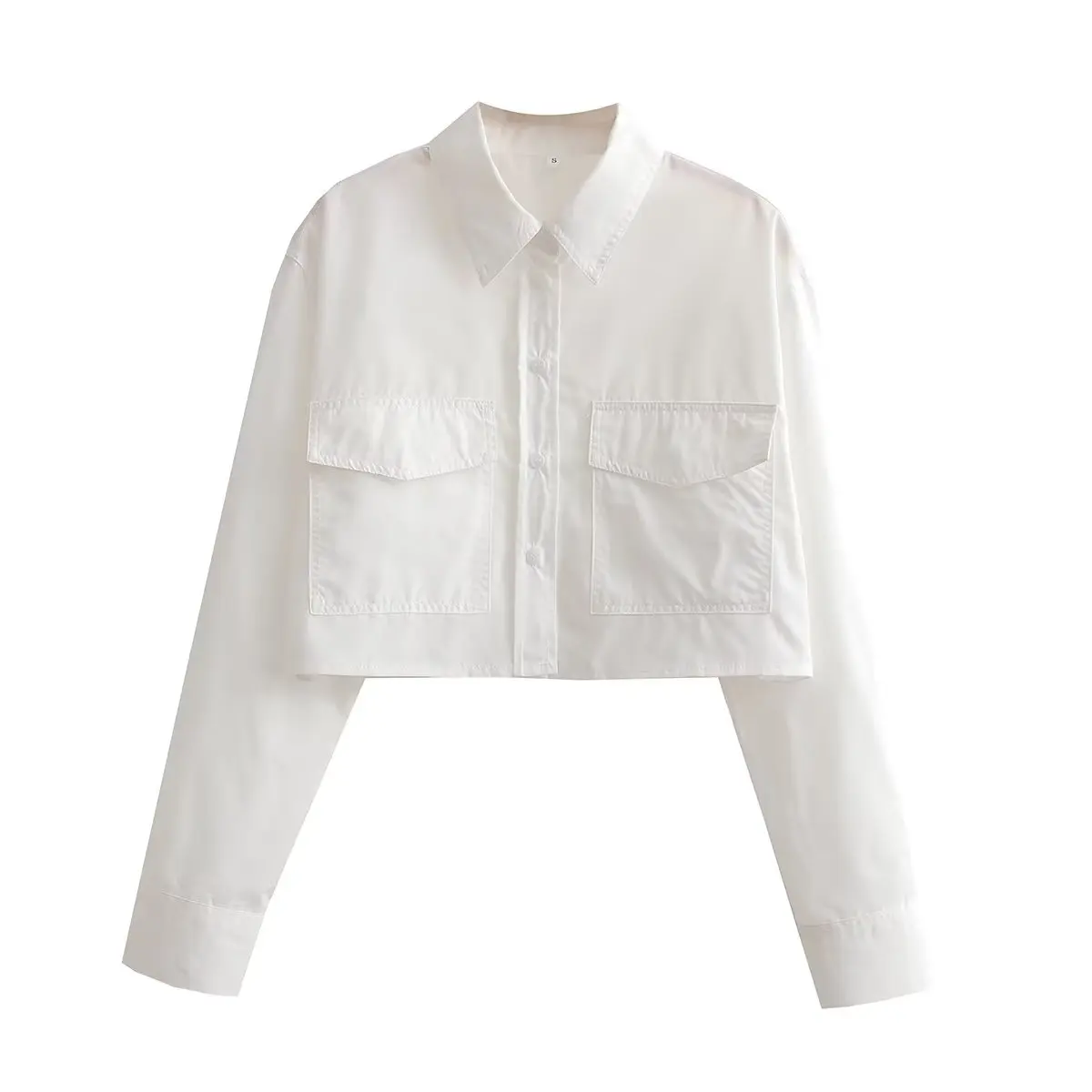 TRAF Cropped White Shirt Women Pockets Button Up Shirt Woman Oversized Shirts and Blouses for Women Long Sleeve Crop Top Female