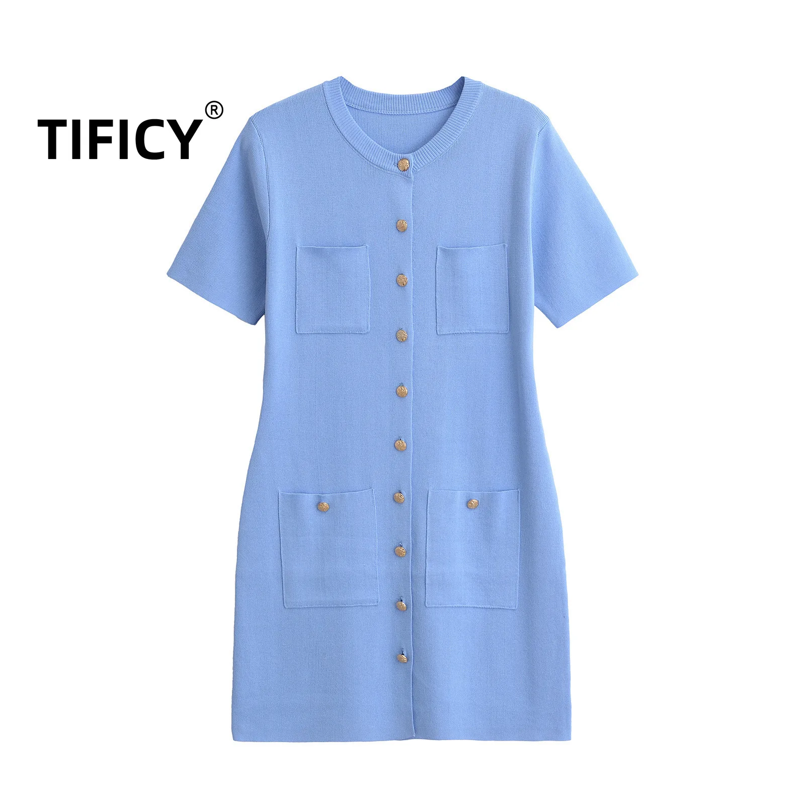 

TIFICY Summer and Spring Knit Dress Women's Round Neck Single Breasted Design with A Slim Fit and Hip Hugging Streetwear Dress