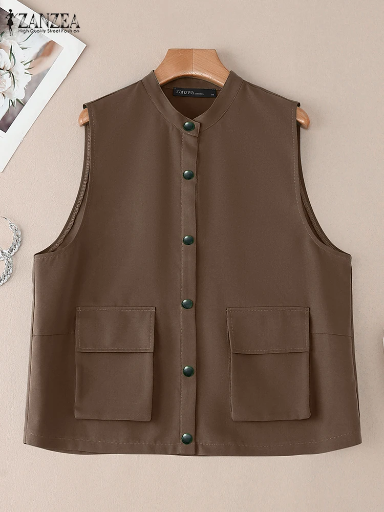 ZANZEA 2025 chalecos de gran tamaño para mujer Casual Color sólido cuello redondo abotonada bolsillos delanteros prendas de vestir exteriores sin mangas moda de otoño 3XL