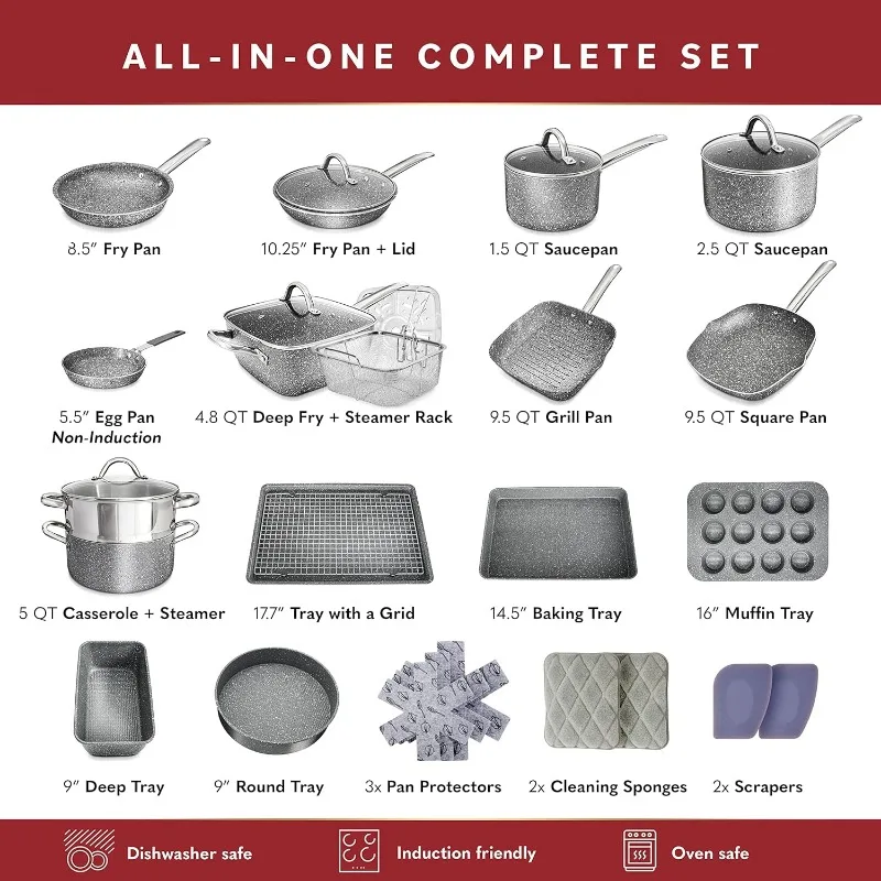 Pans Set Non Stick - Induction Compatible Kitchen Cookware Sets + Bakeware Sets - Non Stick, PFOA Free,