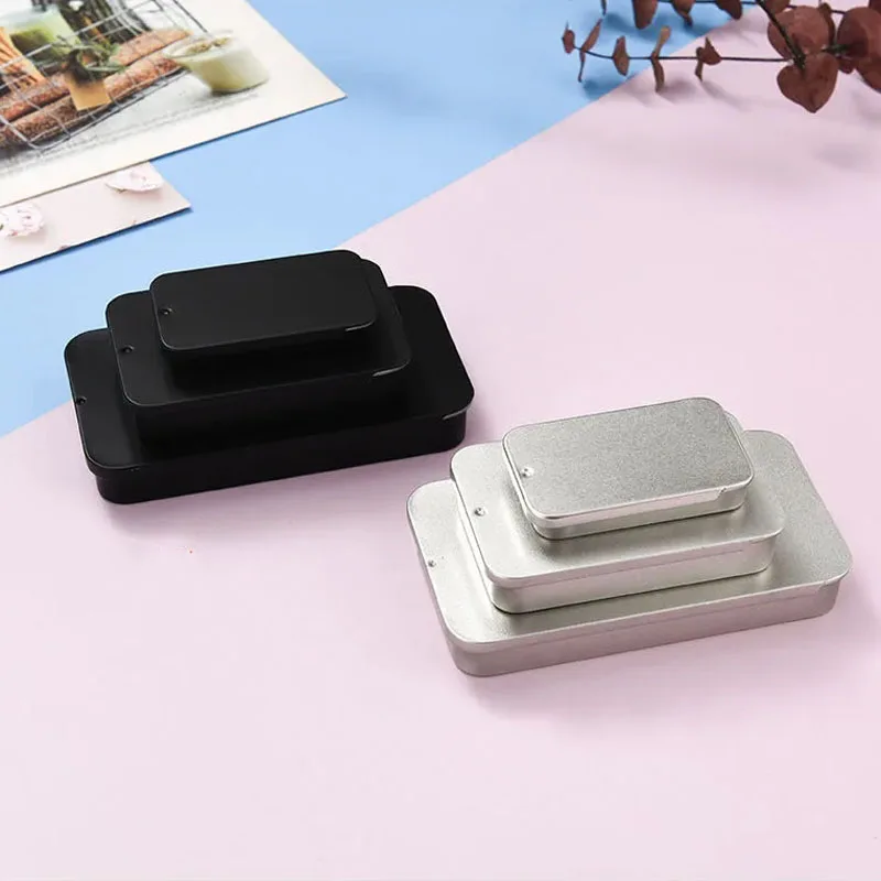 مستطيل متجمد العناصر الصغيرة التعبئة حالة السفر المحمولة الغبار صندوق حديد 3 قطعة/المجموعة فضي أسود انزلاق غطاء صفيح صندوق