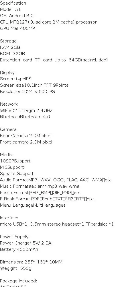 10.1 INCH A1 Tablet PC 2GB RAM ROM 32GB ROM 1024 X 600 IPS Screen 6103 Android 8.0 CPU MT8127 Dual Camera WIFI Quad Core