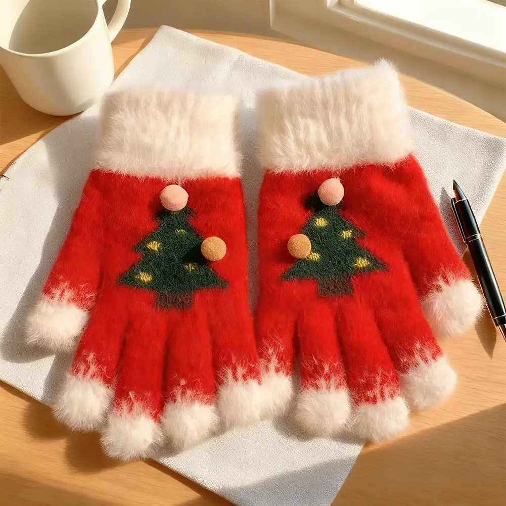 Custom Text Fluffy Fur Knit Gloves Snowflake Christmas Tree Gloves For Women Touch Screen Split Finger Glove Warm Skiing Gloves