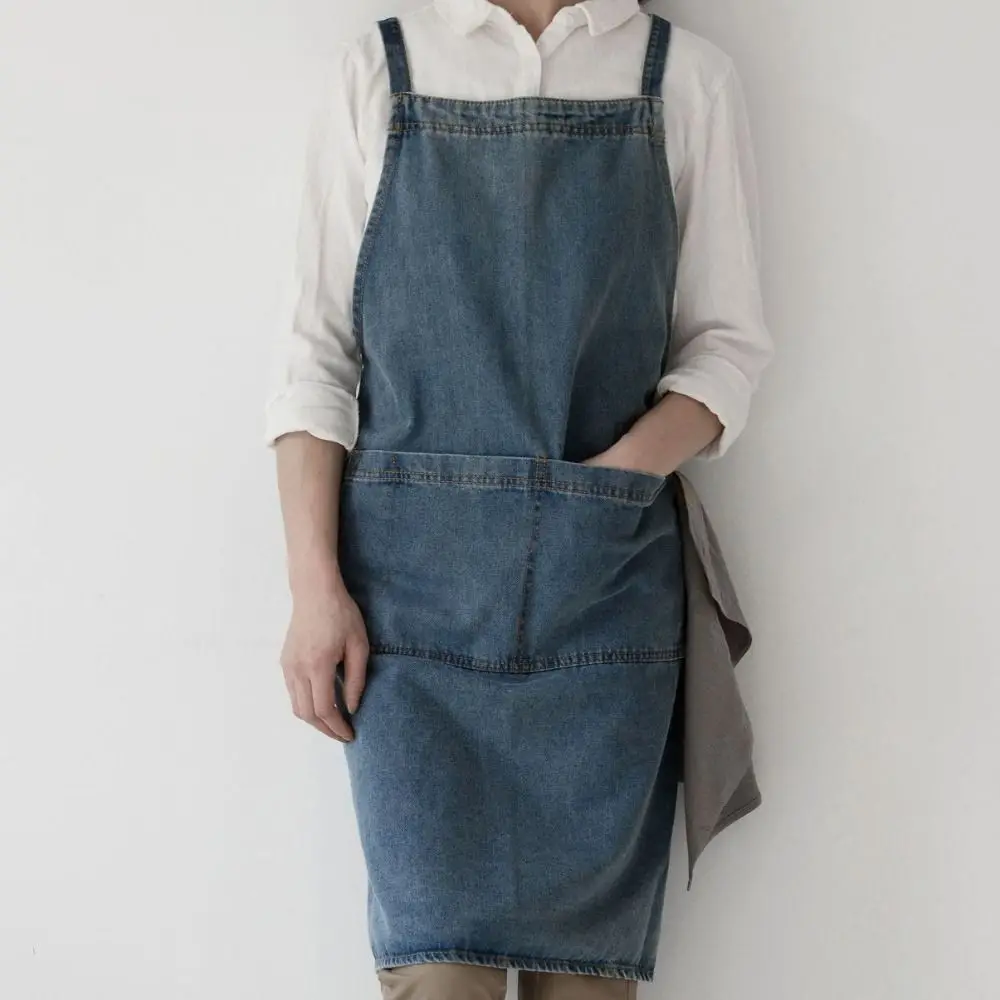 

Vintage Oil-Proof Ladies Denim Apron Cleaning Unisex Jean Apron Thicken Washed Denim Barber Work Clothes Painting