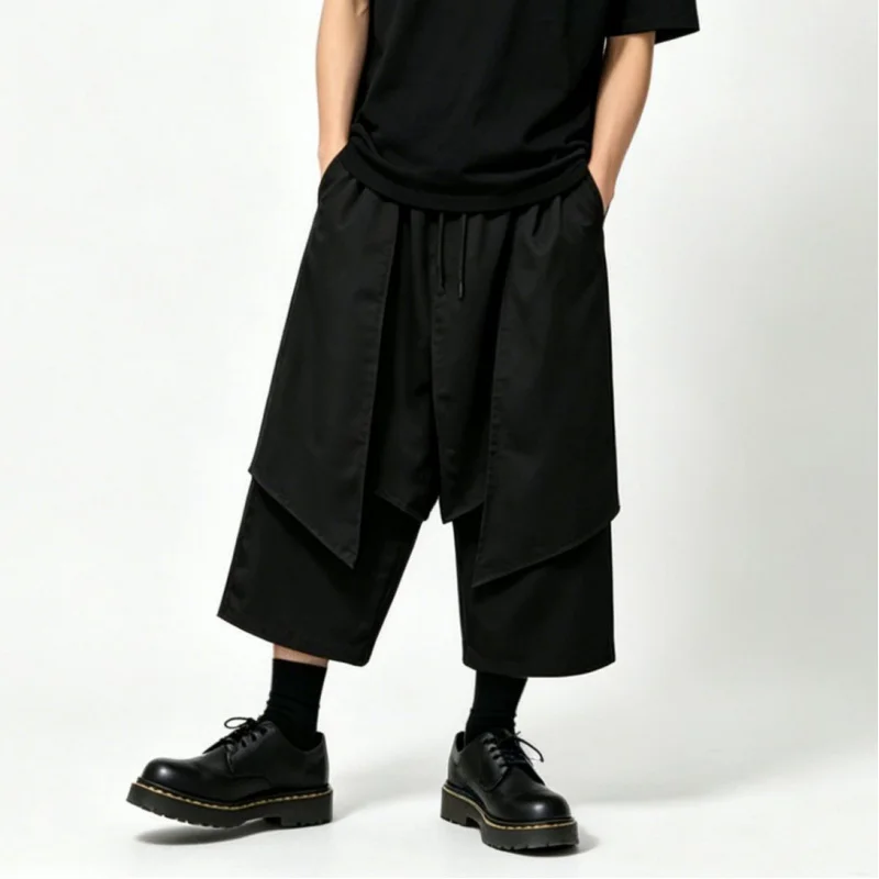 

Men'S Casual Pants, Dark Style Men'S Clothing, Irregular Wide-Leg Pants, Loose Nine-Point Skirt-Pants, Faux Two-Piece 2532